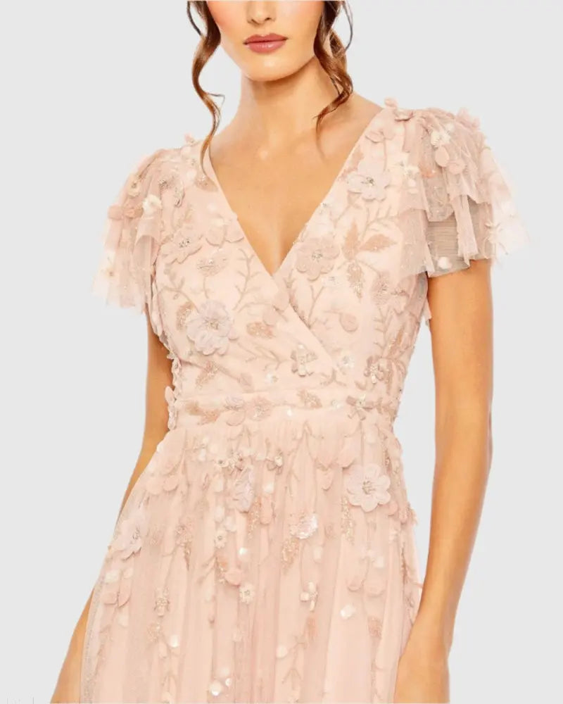 Mac Duggal 9189 Ruffle Tiered Embellished Faux Wrap Flutter Sleeve Gown