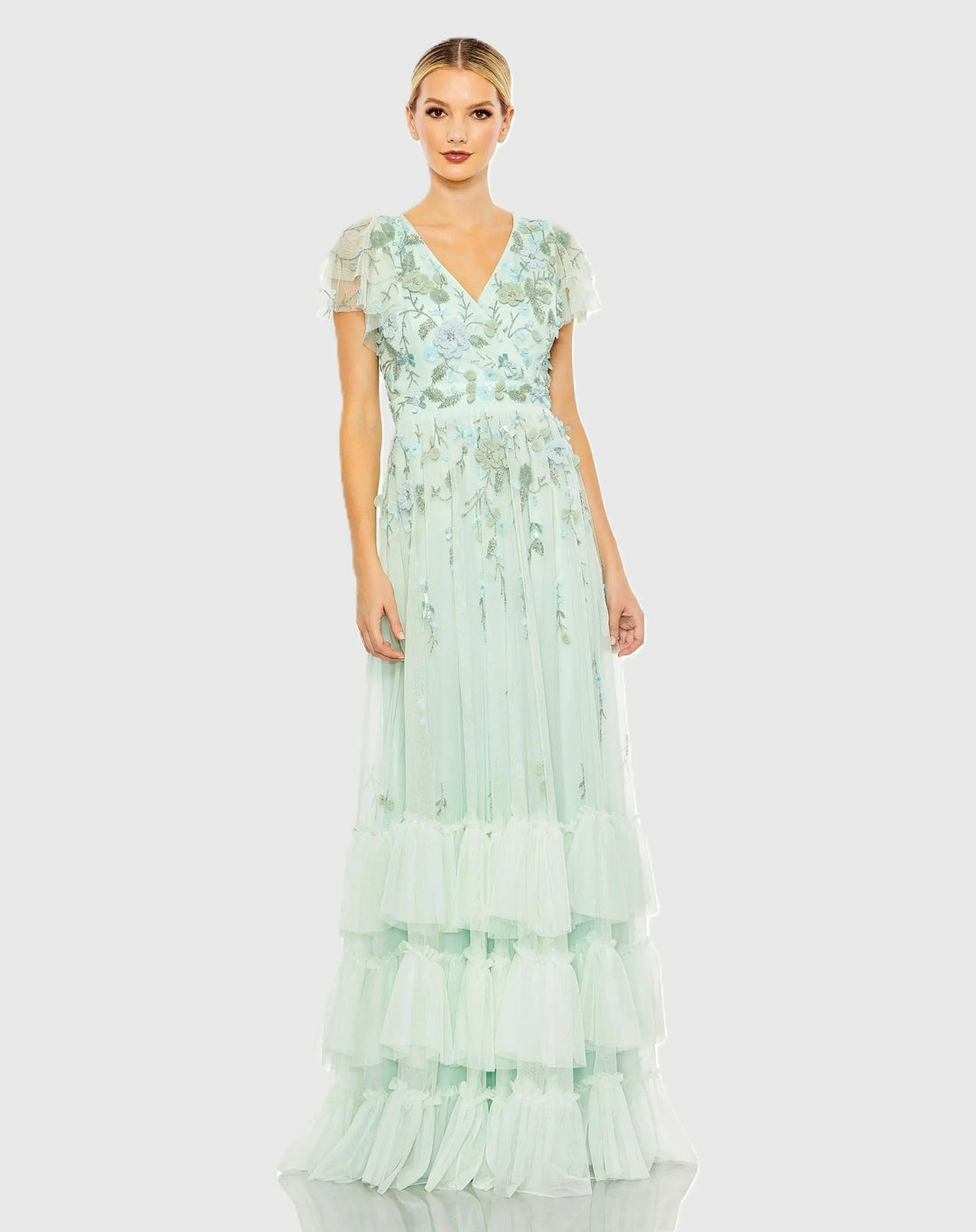 Mac Duggal 9189 Ruffle Tiered Embellished Faux Wrap Flutter Sleeve Gown