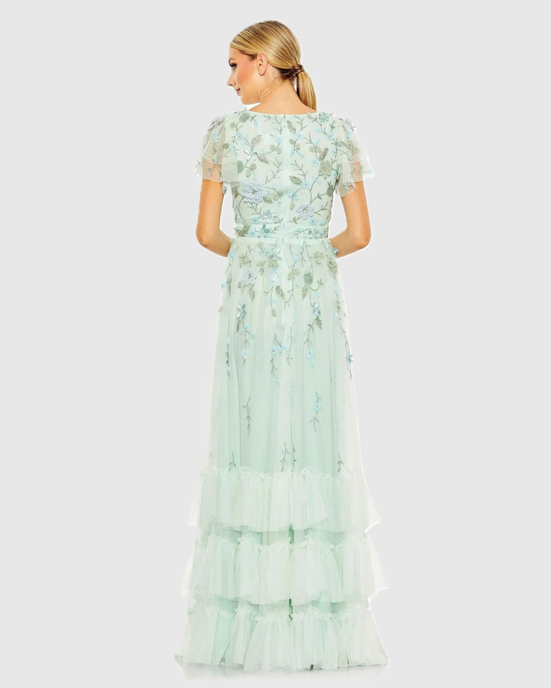 Mac Duggal 9189 Ruffle Tiered Embellished Faux Wrap Flutter Sleeve Gown