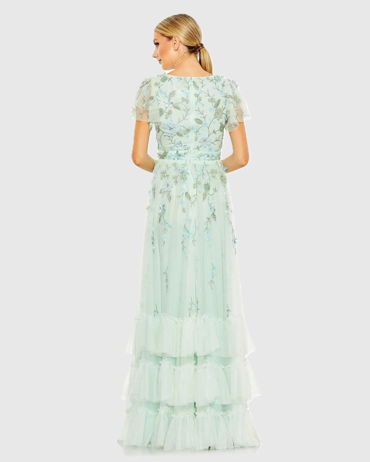 Mac Duggal 9189 Ruffle Tiered Embellished Faux Wrap Flutter Sleeve Gown