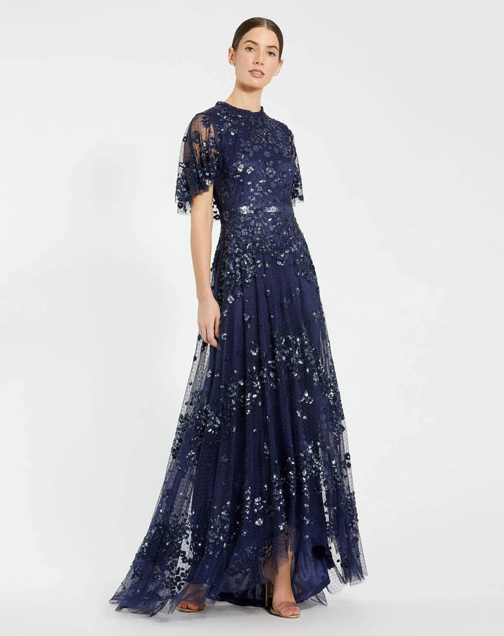 Mac Duggal 9192 Sequined High Neck Flutter Sleeve A Line Gown