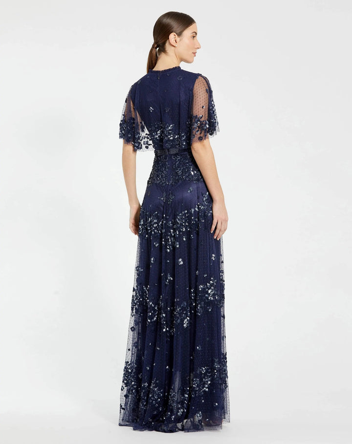 Mac Duggal 9192 Sequined High Neck Flutter Sleeve A Line Gown