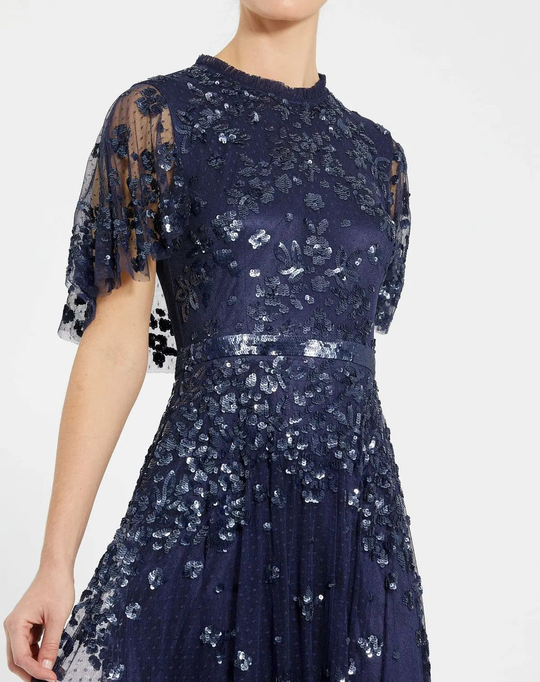 Mac Duggal 9192 Sequined High Neck Flutter Sleeve A Line Gown