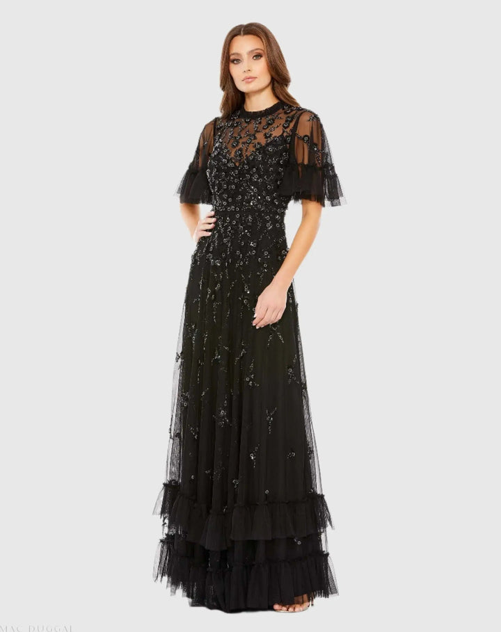 Mac Duggal 9199 Floral Embellished Flutter Sleeve A-Line Gown