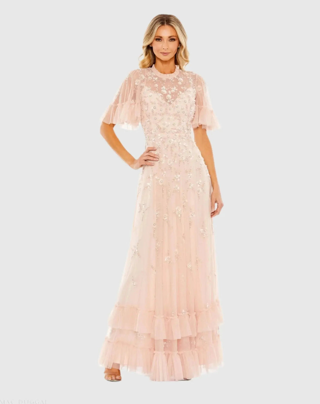 Mac Duggal 9199 Floral Embellished Flutter Sleeve A-Line Gown