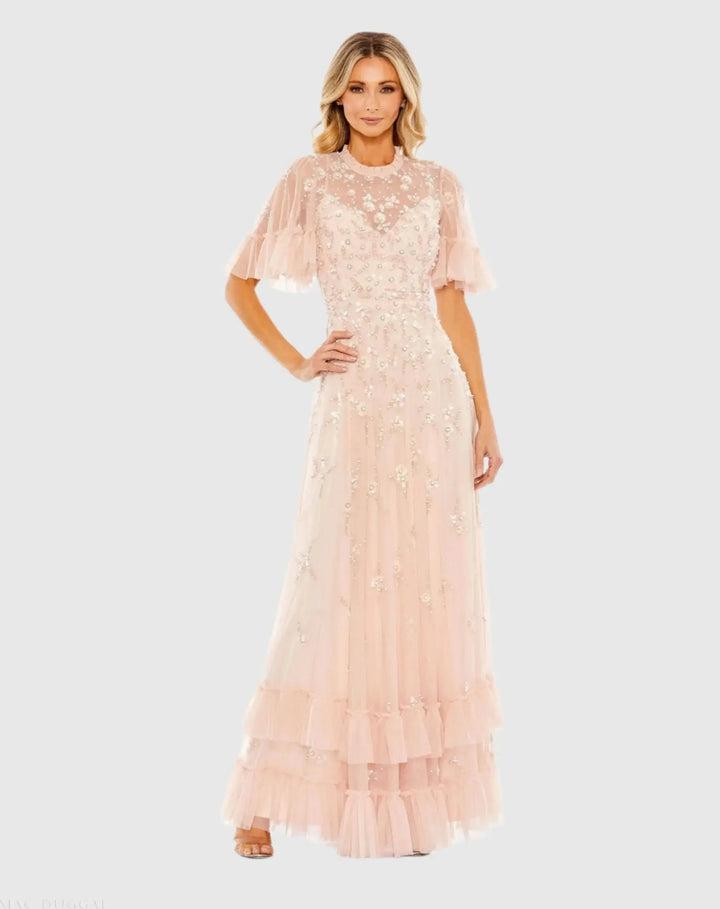 Mac Duggal 9199 Floral Embellished Flutter Sleeve A-Line Gown