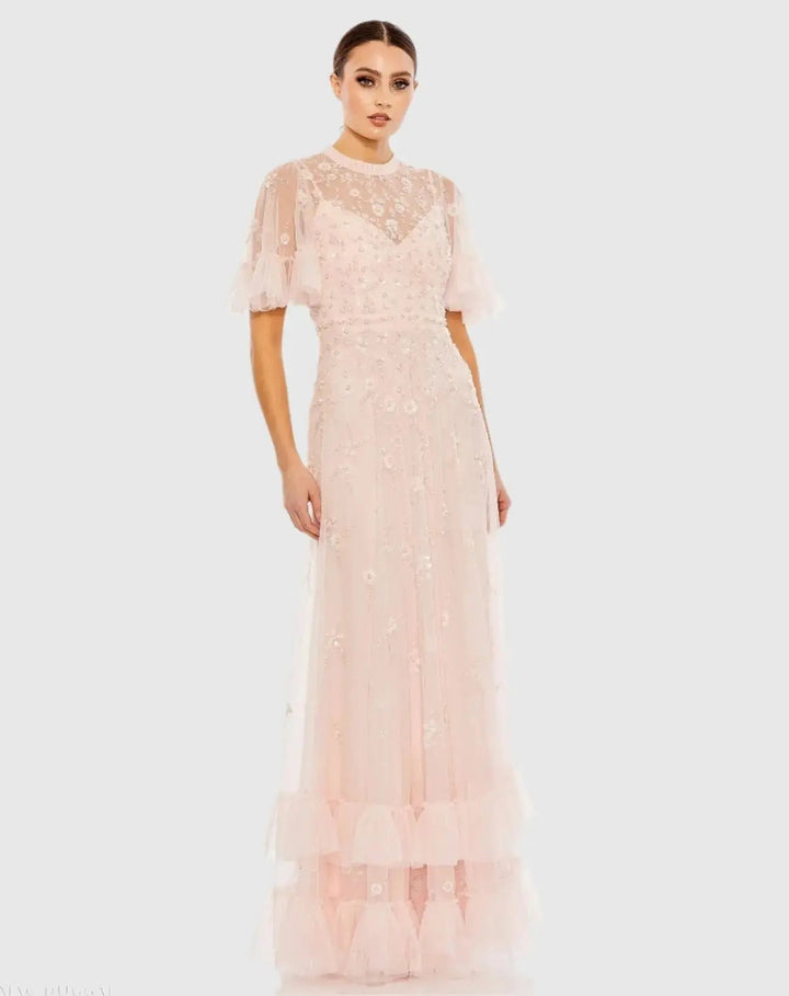 Mac Duggal 9199 Floral Embellished Flutter Sleeve A-Line Gown