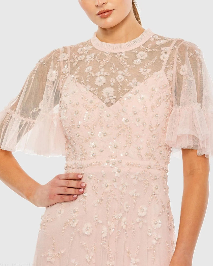 Mac Duggal 9199 Floral Embellished Flutter Sleeve A-Line Gown