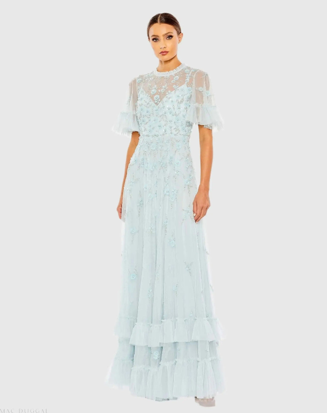 Mac Duggal 9199 Floral Embellished Flutter Sleeve A-Line Gown