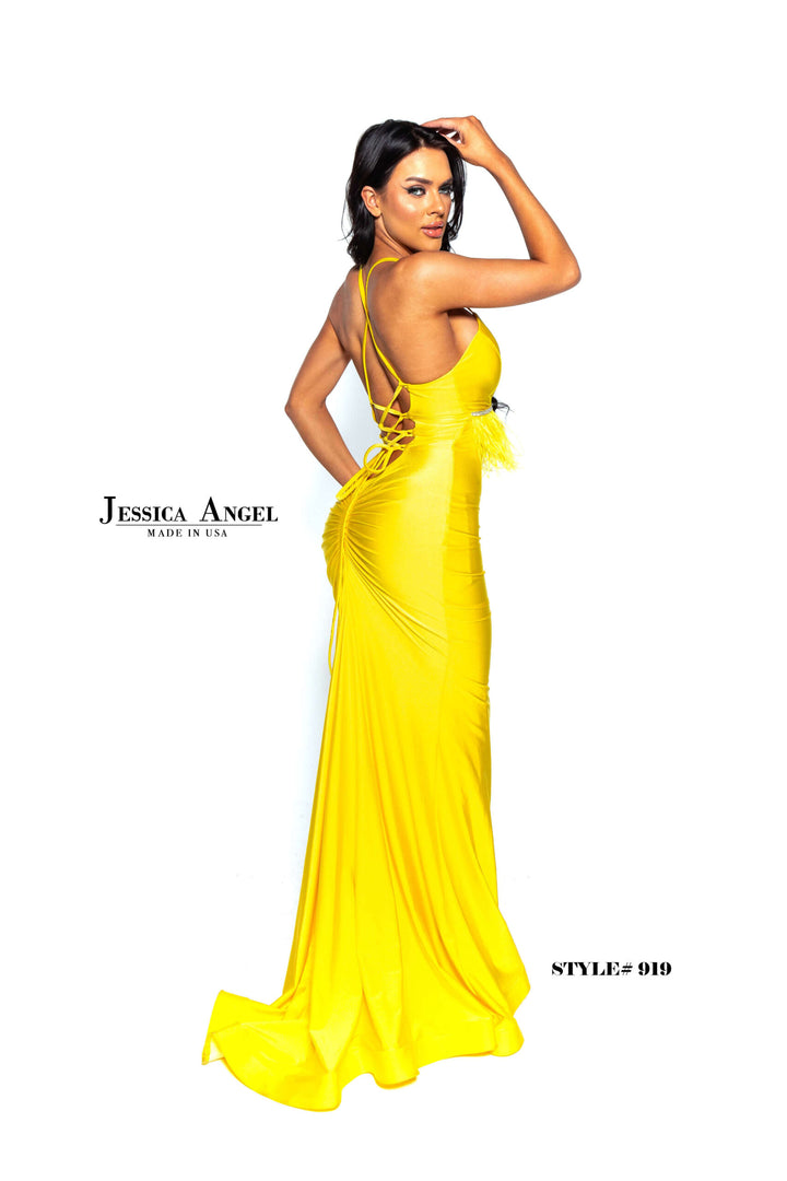 Jessica Angel 919 feather trim mermaid gown side view 2