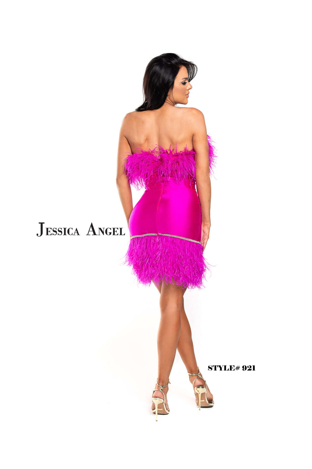 Jessica Angel 921 feather trim cocktail dress back view