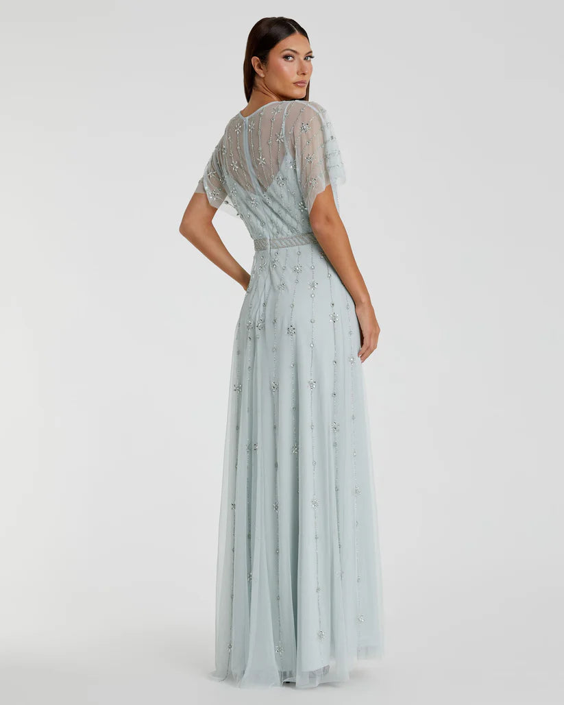 Mac Duggal 9223 V Neck Embellished Flutter Sleeve A-Line Gown