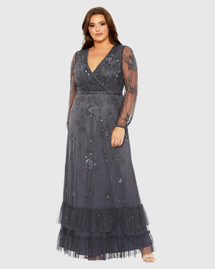 Mac Duggal 9247 Long Sleeve Embellished V-Neck Gown (Plus)
