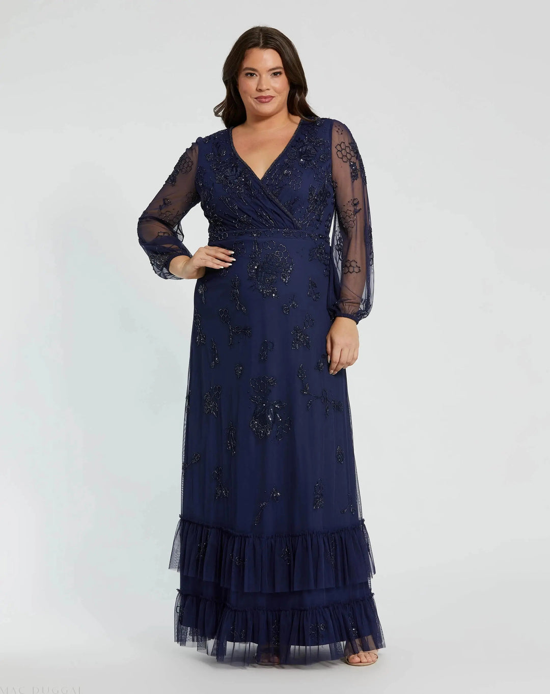Mac Duggal 9247 Long Sleeve Embellished V-Neck Gown (Plus)