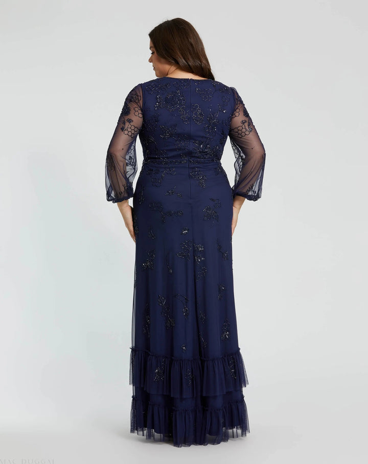Mac Duggal 9247 Long Sleeve Embellished V-Neck Gown (Plus)
