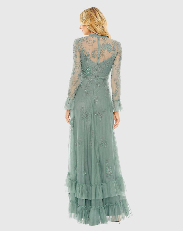 Mac Duggal 9249 Green Embellished Long Sleeve Ruffle Gown