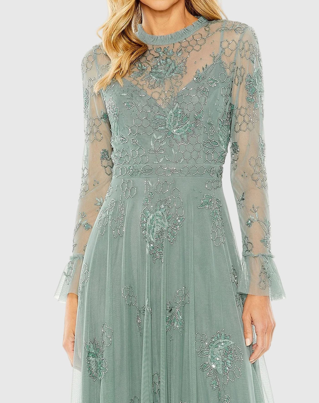 Mac Duggal 9249 Green Embellished Long Sleeve Ruffle Gown