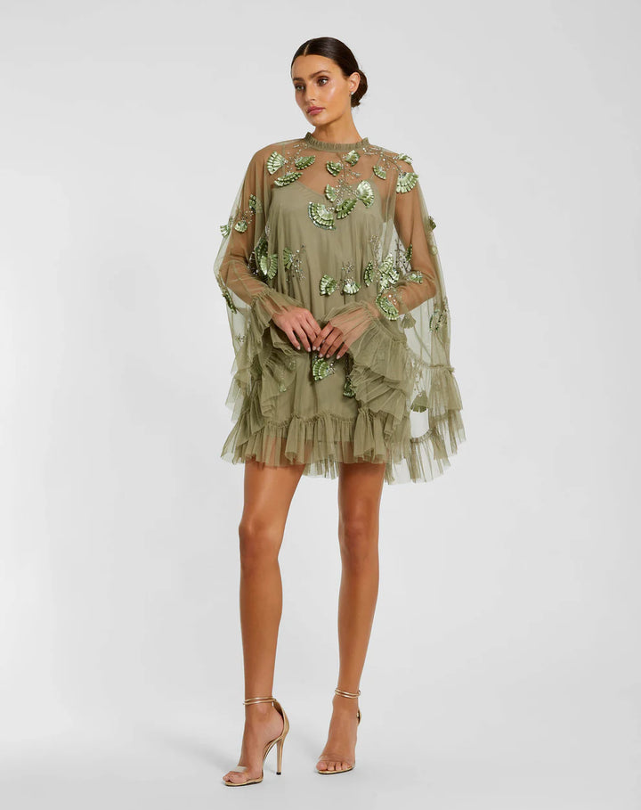Mac Duggal 9257 Embellished Long Sleeve Trapeze Dress with Ruffle Hem