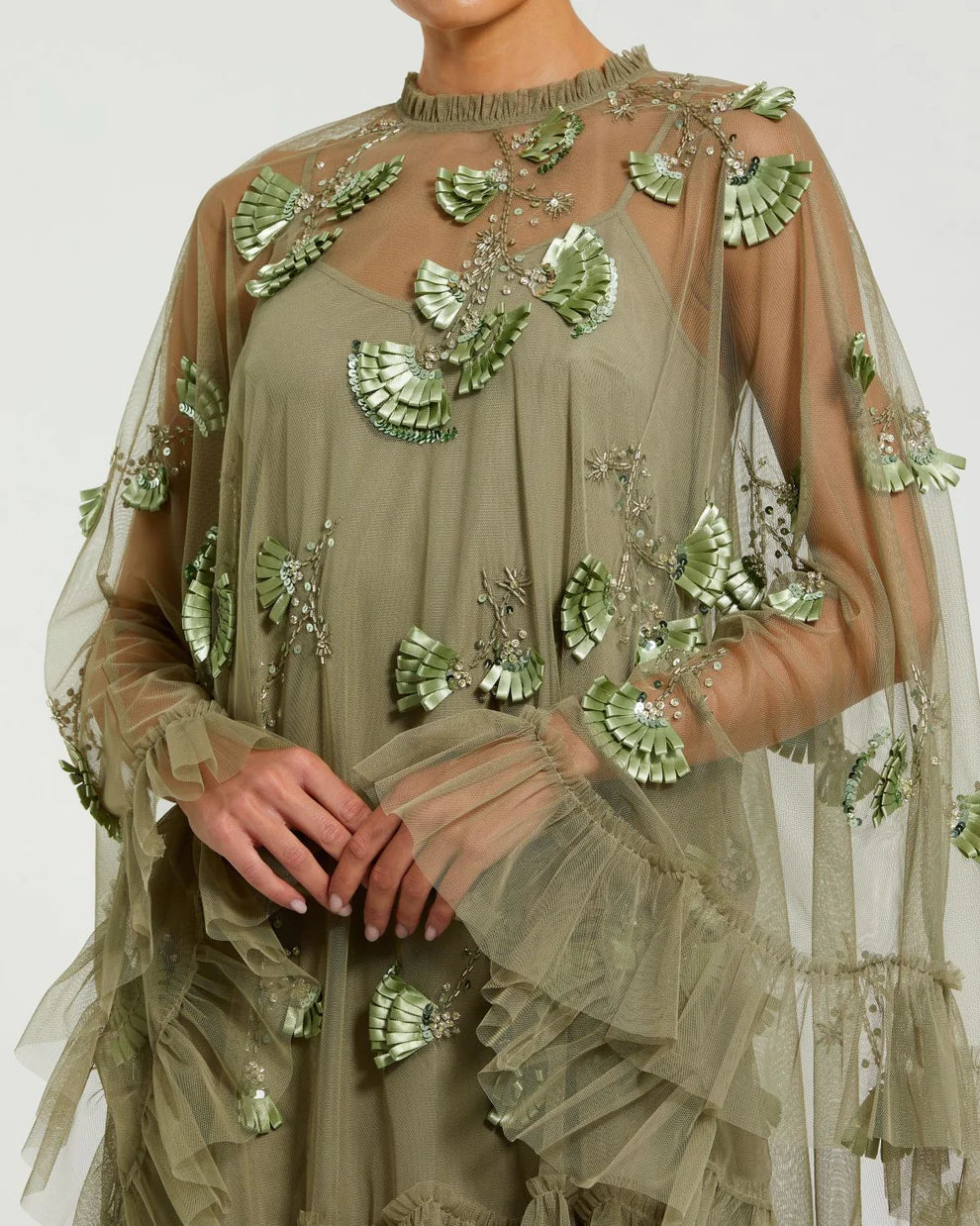 Mac Duggal 9257 Embellished Long Sleeve Trapeze Dress with Ruffle Hem