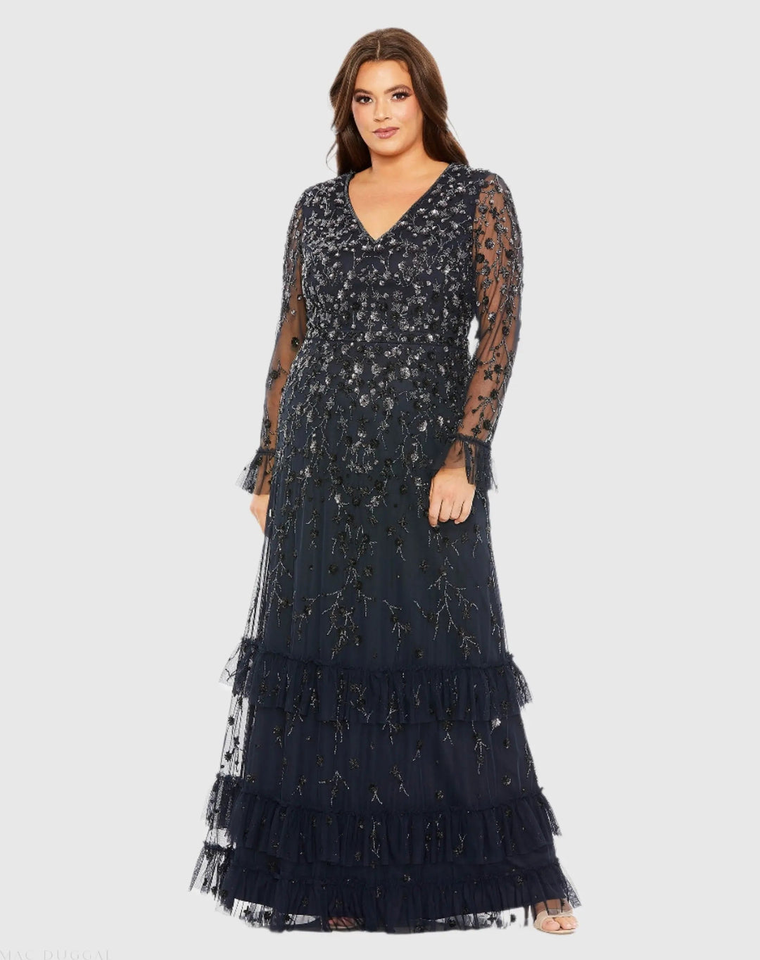 Mac Duggal 9271 V-Neck Embellished Long Flutter Sleeve Gown
