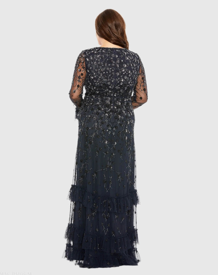 Mac Duggal 9271 V-Neck Embellished Long Flutter Sleeve Gown