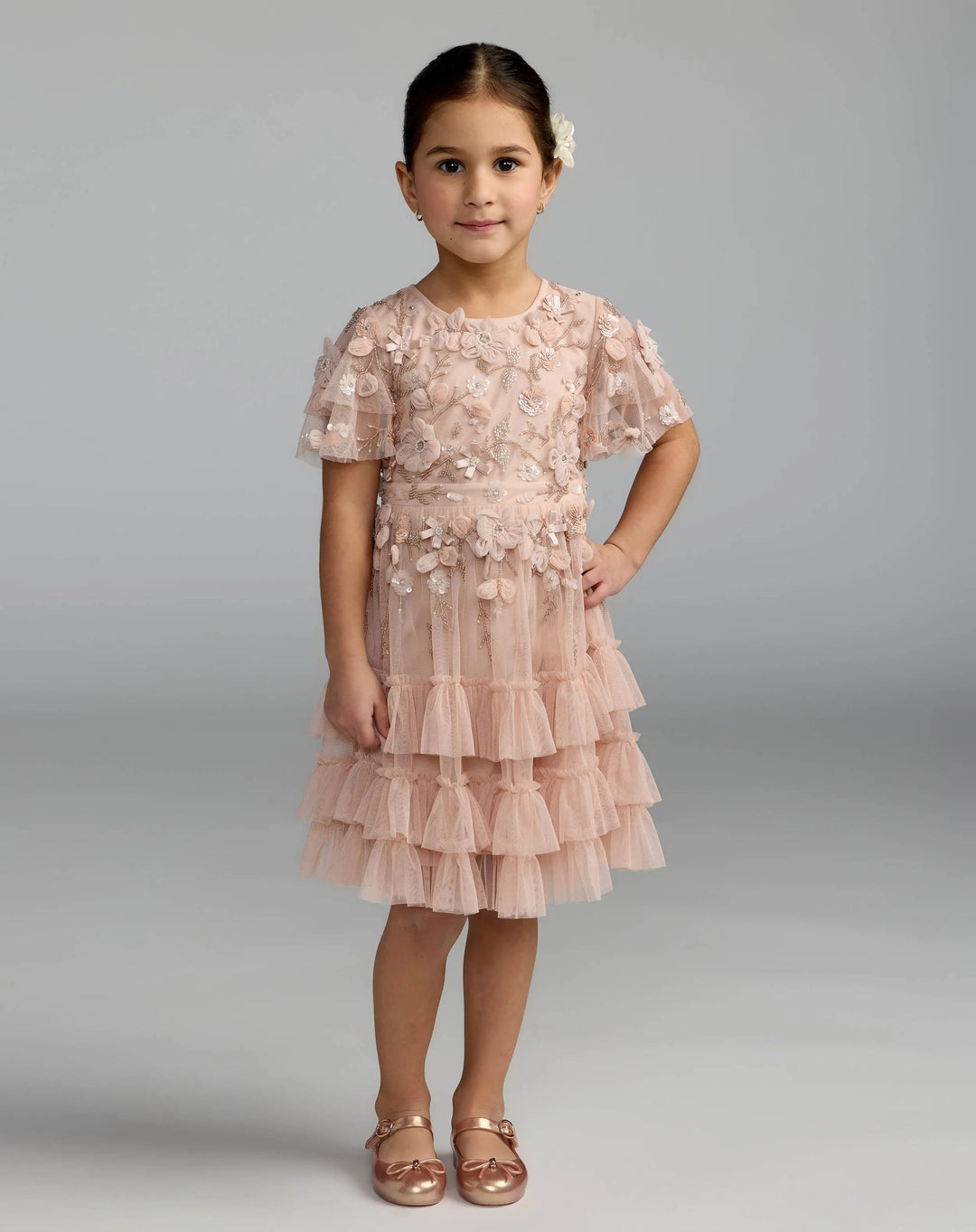 Mac Duggal 9295 Girls Pink Embellished Flutter Sleeve Ruffle Dress