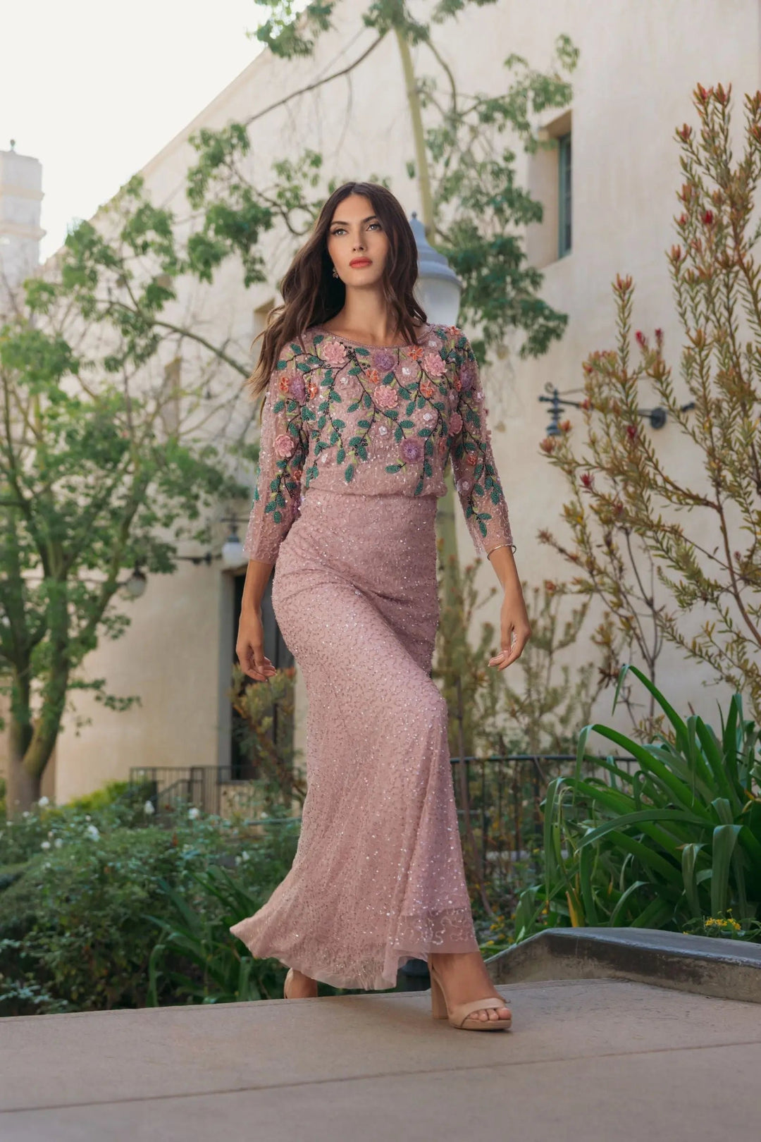 Purple Floral Embellished Long Sleeve Gown - FOSTANI.com