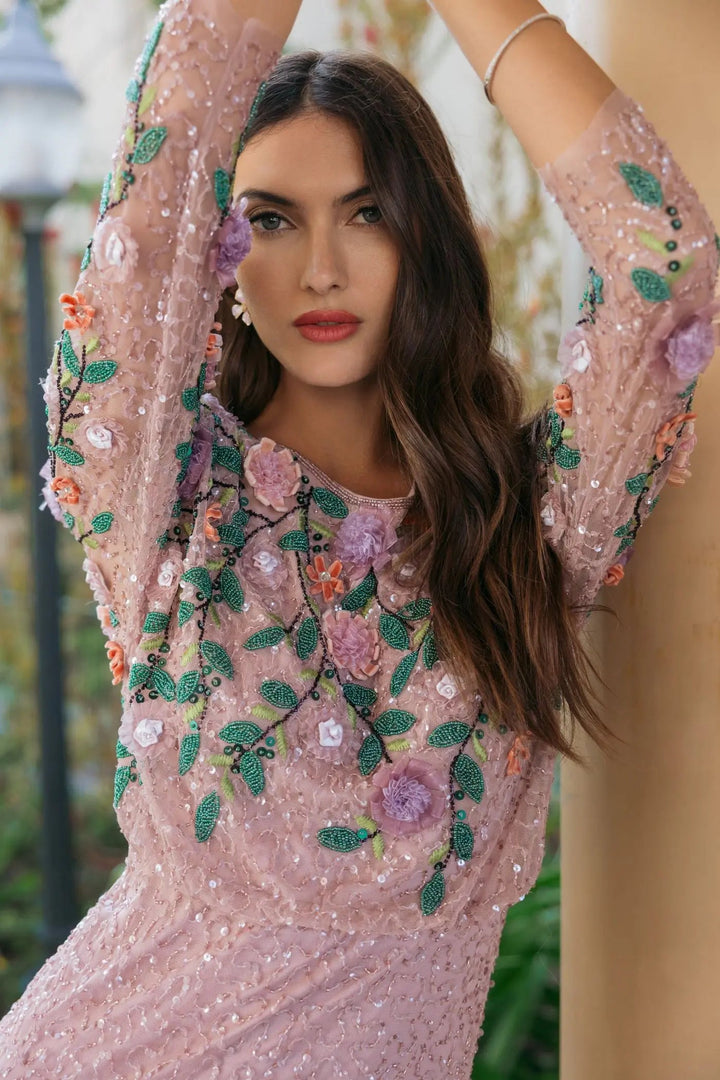 Purple Floral Embellished Long Sleeve Gown - FOSTANI.com