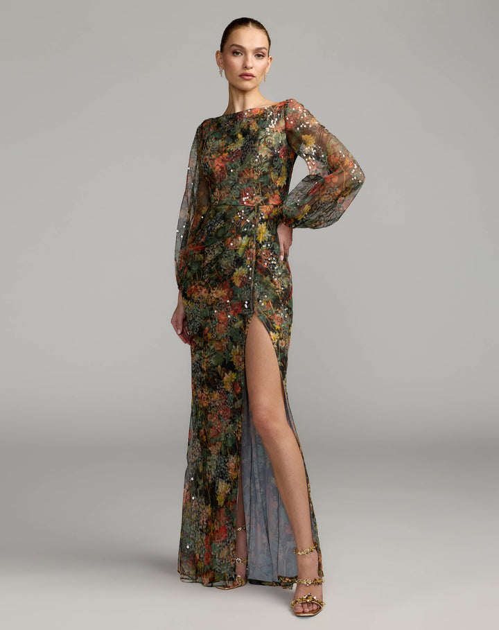 Mac Duggal 93547 Floral Sequined Puff Sleeve Gown