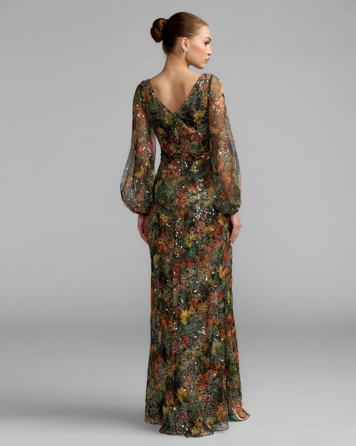 Mac Duggal 93547 Floral Sequined Puff Sleeve Gown