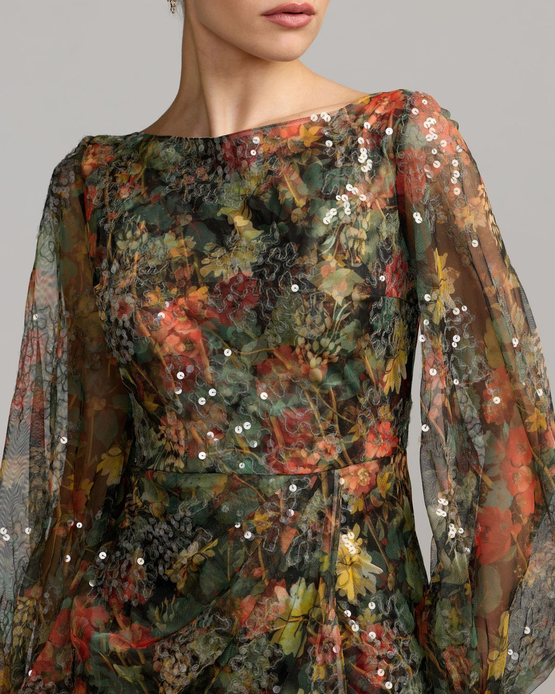 Mac Duggal 93547 Floral Sequined Puff Sleeve Gown