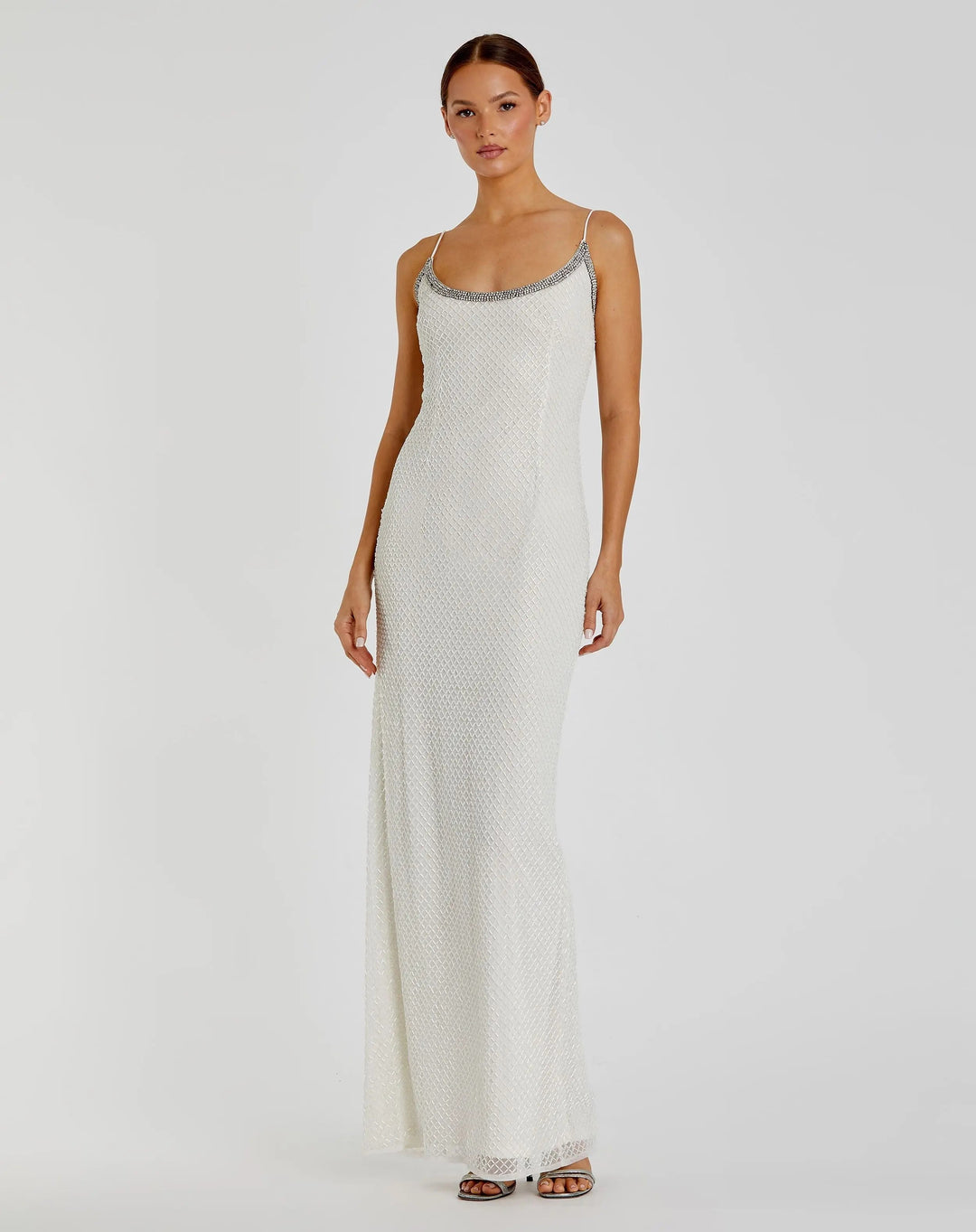 Mac Duggal 93551 White Beaded Spaghetti Strap Column Gown