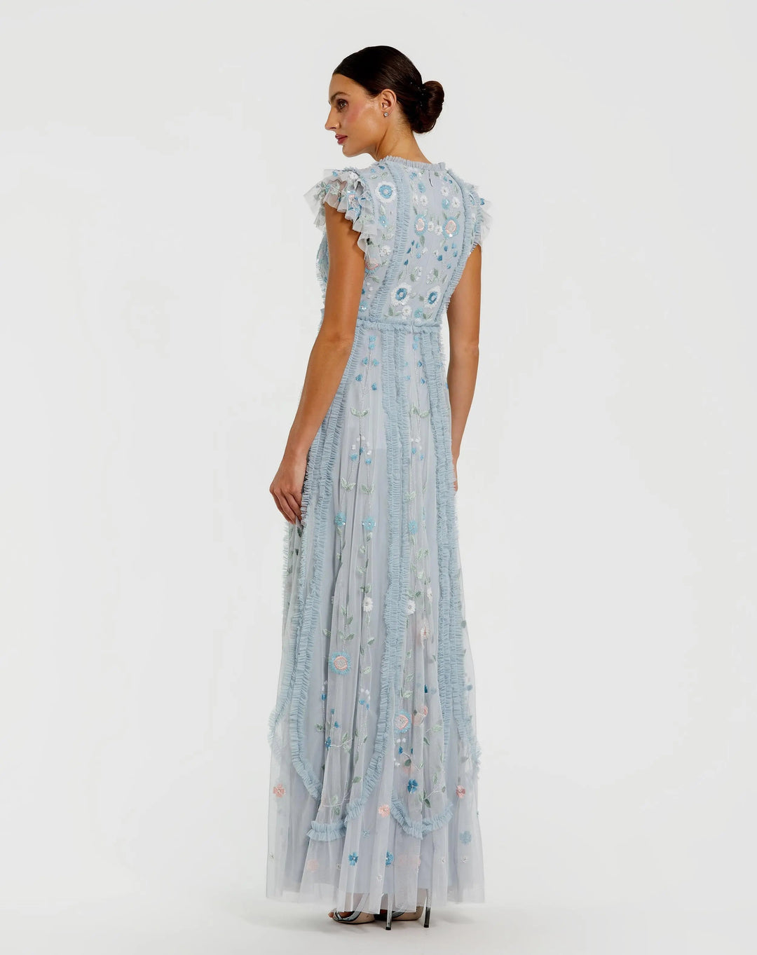 Blue Floral Embroidered Ruffle A Line Gown - FOSTANI.com