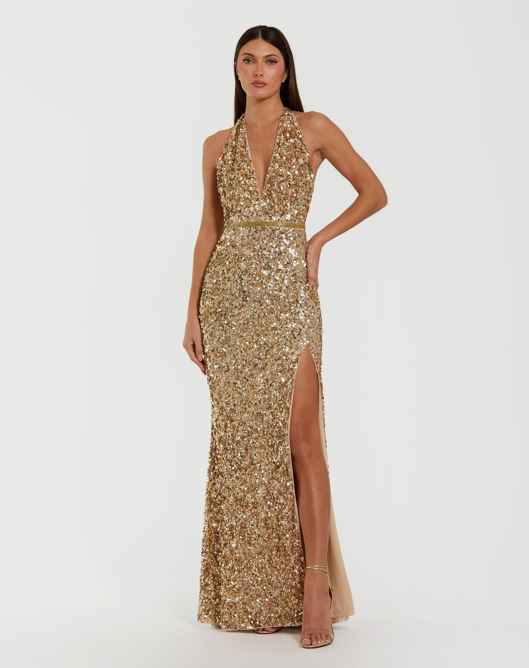 Mac Duggal 93745 Gold Sequin Halter Column Gown