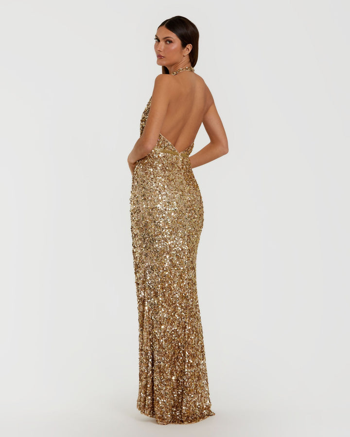 Mac Duggal 93745 Gold Sequin Halter Column Gown