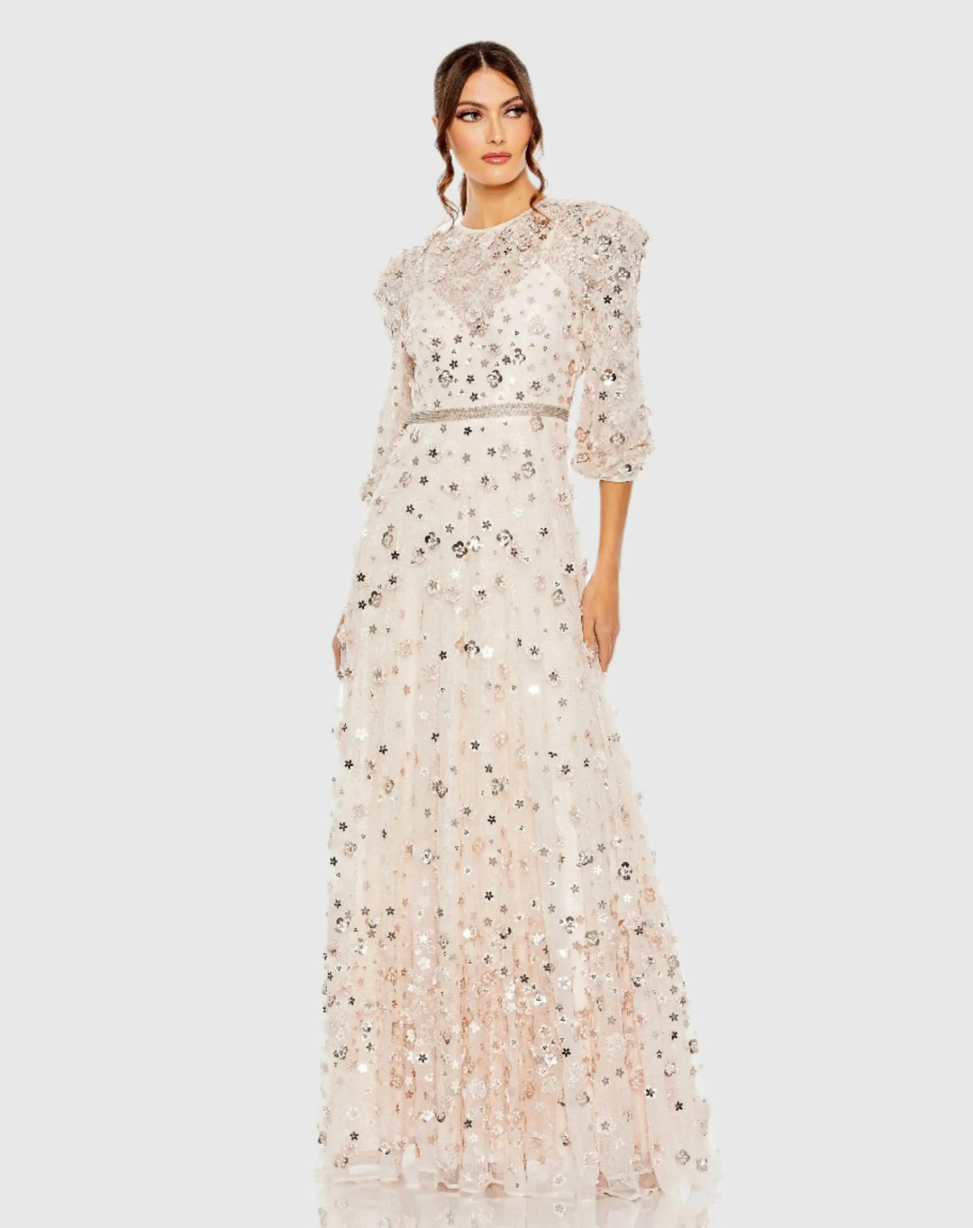 Mac Duggal 93805 Floral Applique Puff Sleeve High Neck A-Line Gown