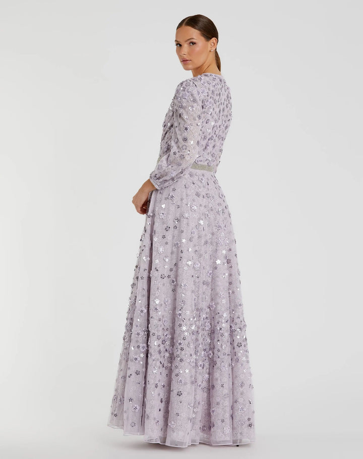 Mac Duggal 93805 Floral Applique Puff Sleeve High Neck A-Line Gown