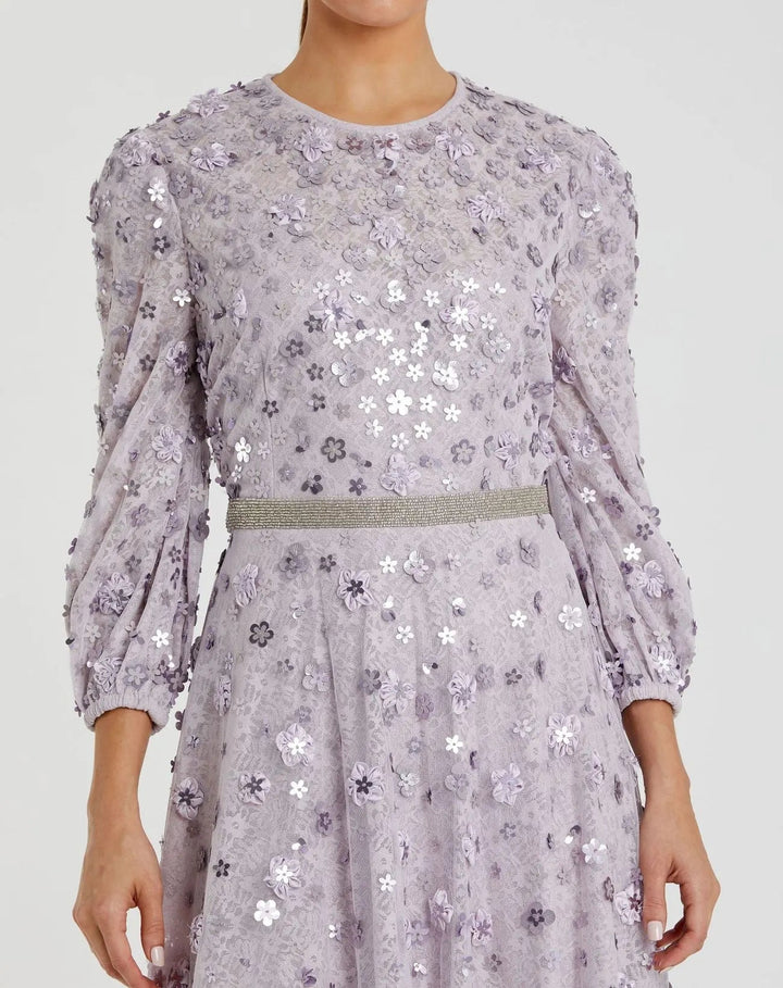 Mac Duggal 93805 Floral Applique Puff Sleeve High Neck A-Line Gown
