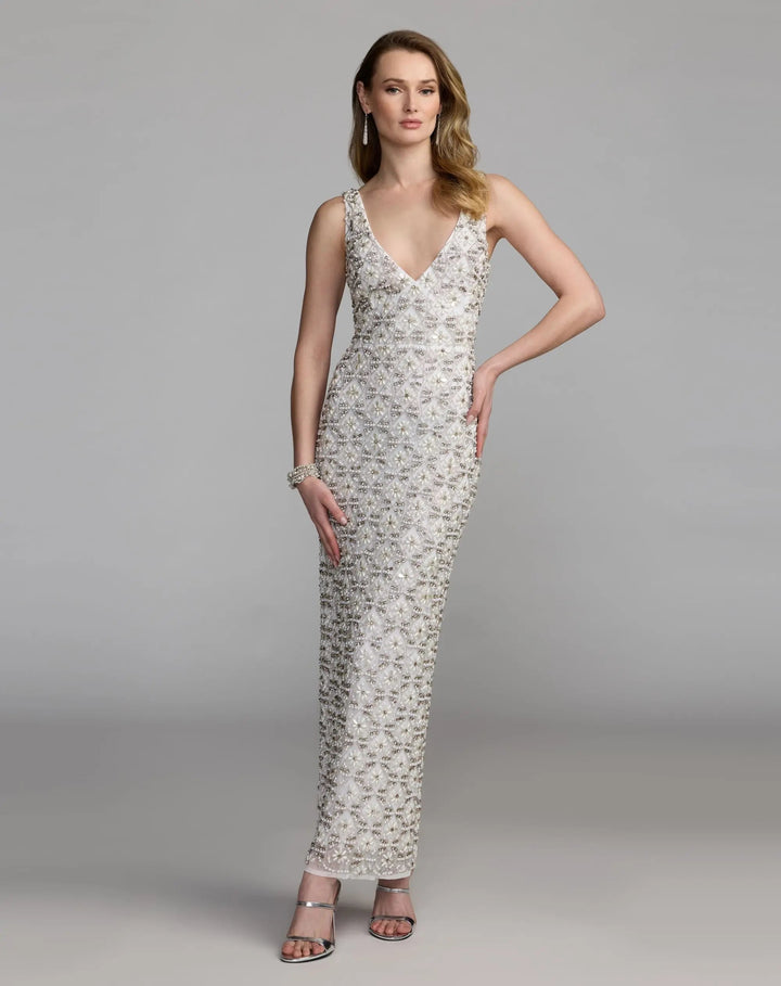 Mac Duggal 93807 White Pearl Embellished Sleeveless Column Dress
