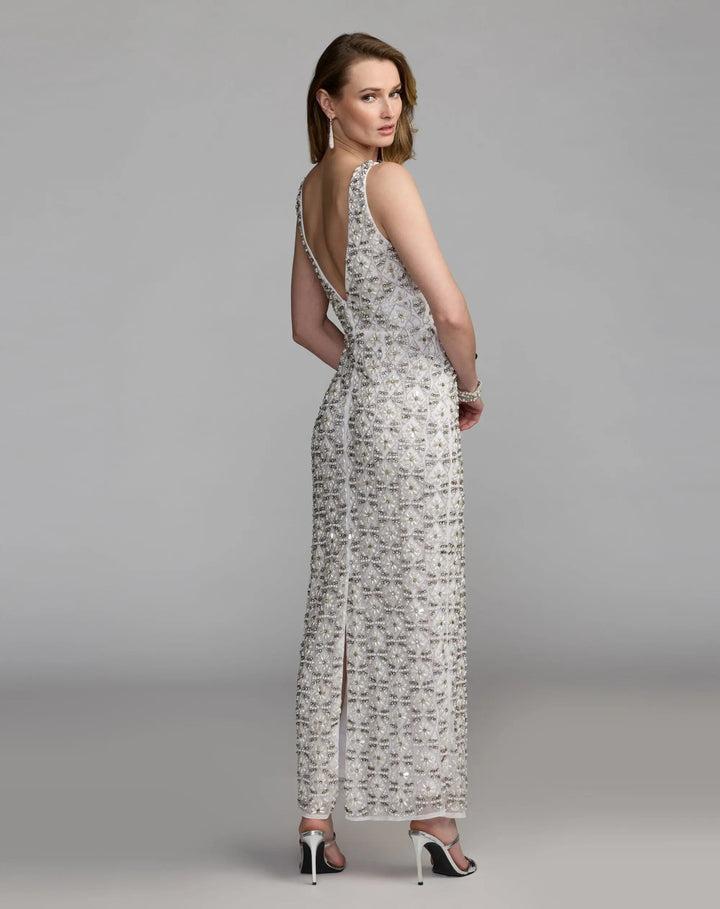 Mac Duggal 93807 White Pearl Embellished Sleeveless Column Dress