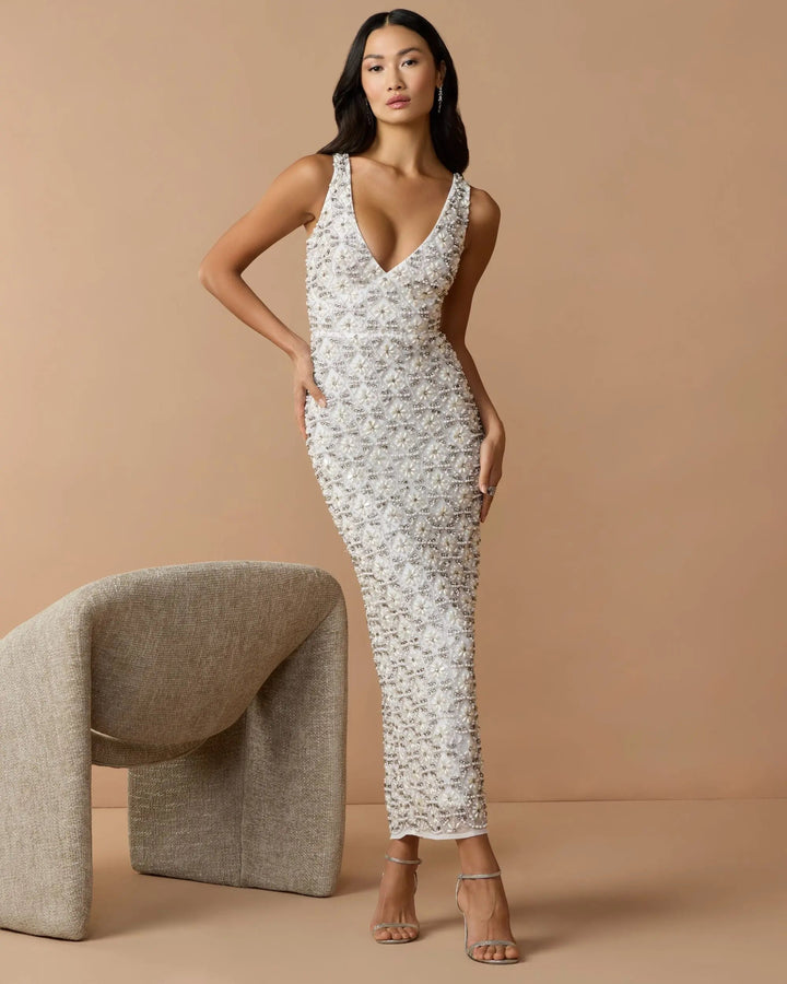 Mac Duggal 93807 White Pearl Embellished Sleeveless Column Dress