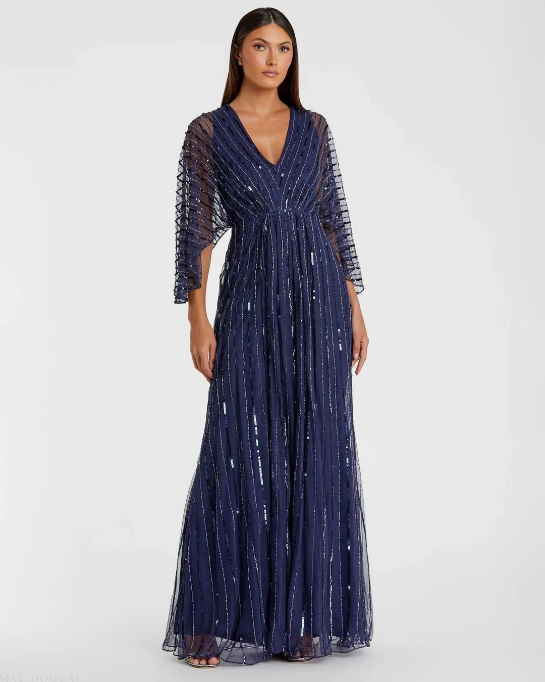 Mac Duggal 93841 Navy Beaded Striping Kimono Sleeve V Neck Gown