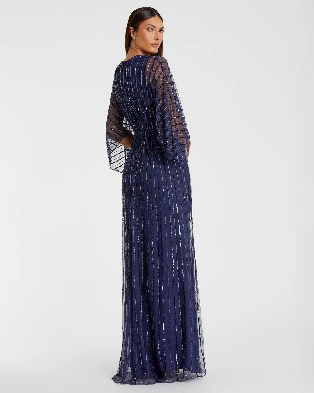 Mac Duggal 93841 Navy Beaded Striping Kimono Sleeve V Neck Gown