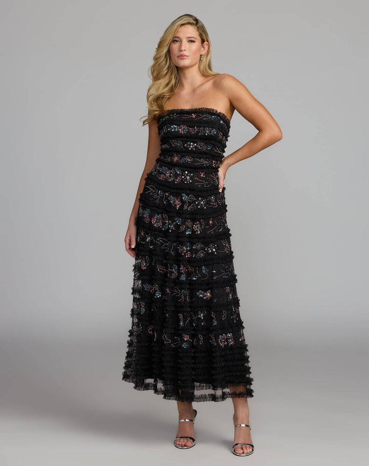 Mac Duggal 9388 Strapless Micro Ruffle Midi Dress