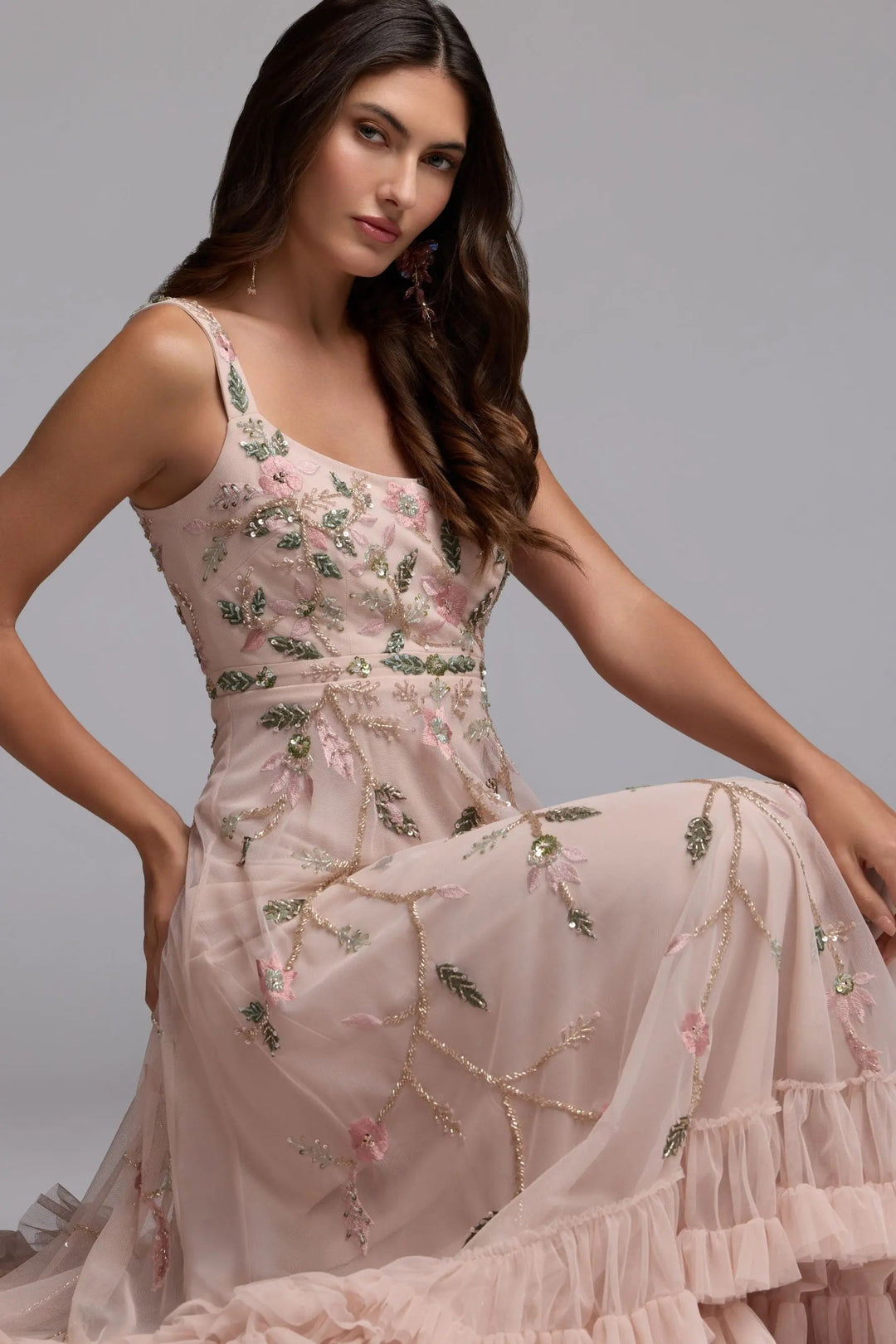 Pink Ruffle Midi Dress with Floral Embroidery - FOSTANI.com
