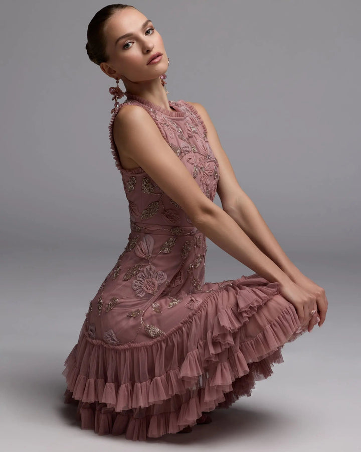 Pink High Neck Sleeveless Beaded Dress With Ruffled Hem - FOSTANI.com