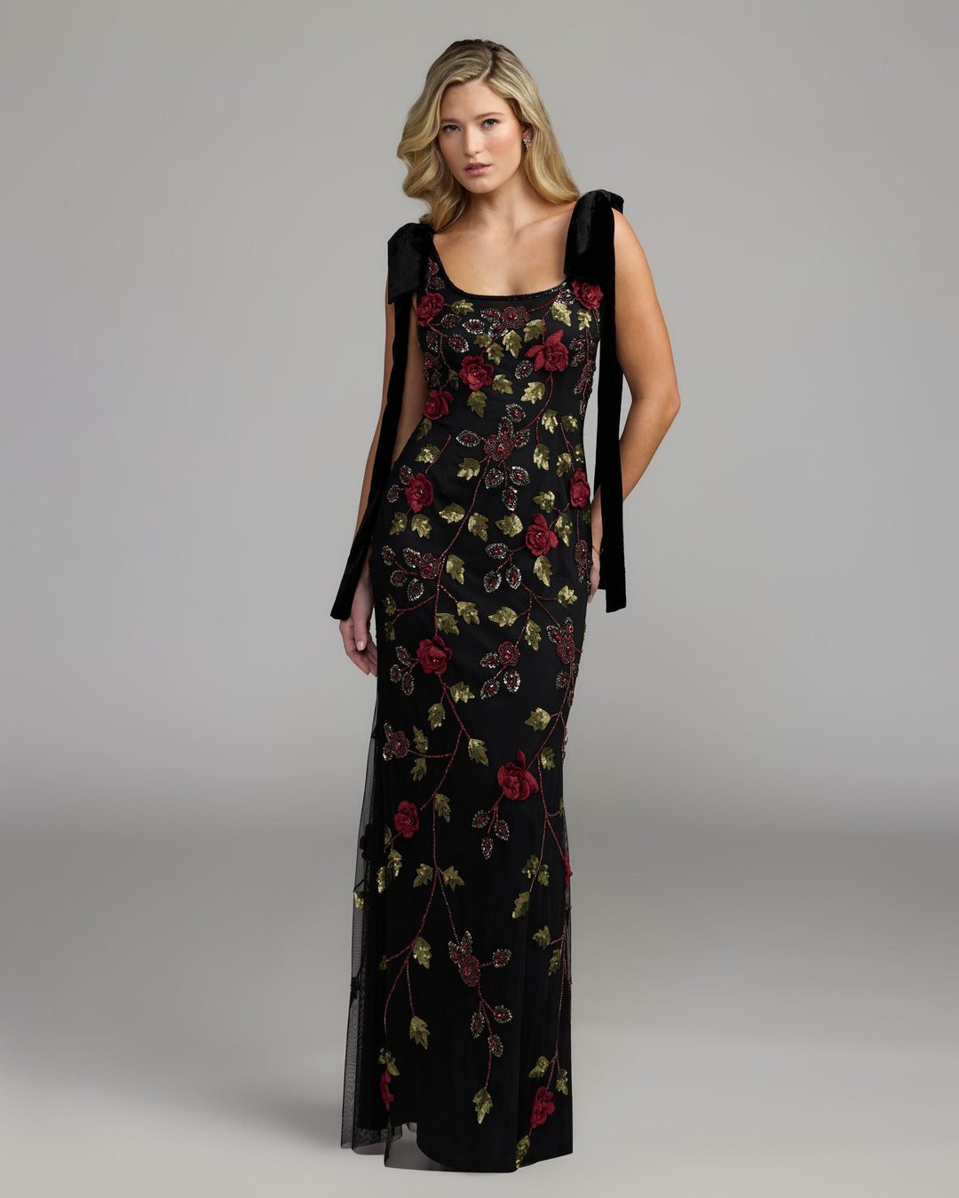 Mac Duggal 9411 3D Floral Embellished Gown With Velvet Bows
