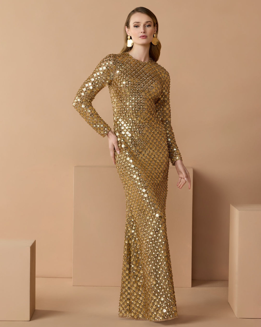 Mac Duggal 94136 Geometric Sequin Long Sleeve Column Gown