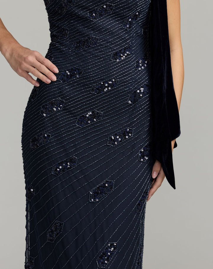 Mac Duggal 94144 Beaded One Shoulder Gown With Velvet Bow