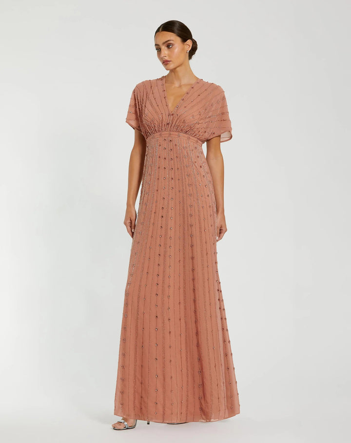 Mac Duggal 94149 Pink Beaded Short Sleeve V-Neck Gown